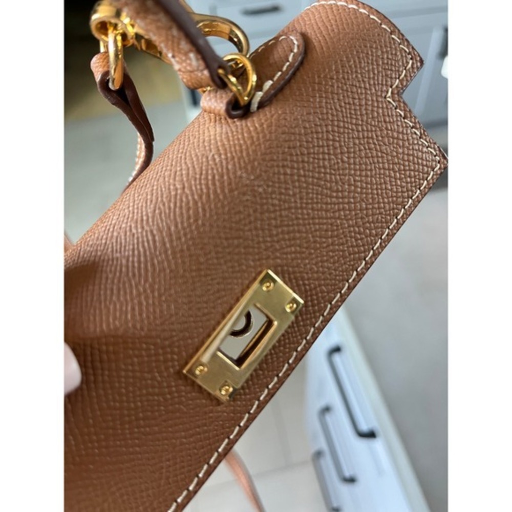 Brown Genuine Leather Mini Top Handle Crossbody Bag Gold Hardware Classic Chic - Picture 8 of 12